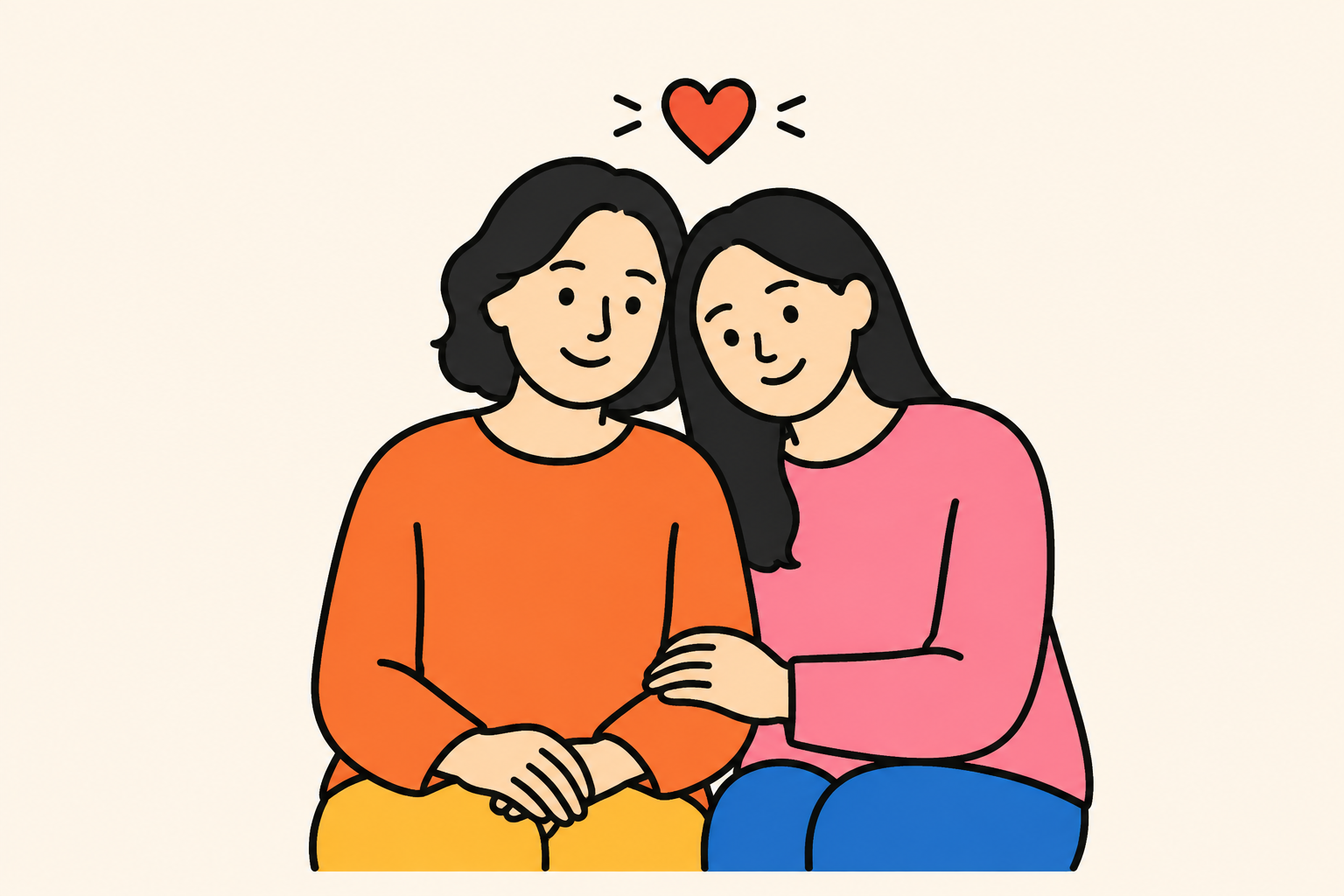 엄마와 성인 딸이 다정하게 기대어 있는 네오브루탈리즘 일러스트
