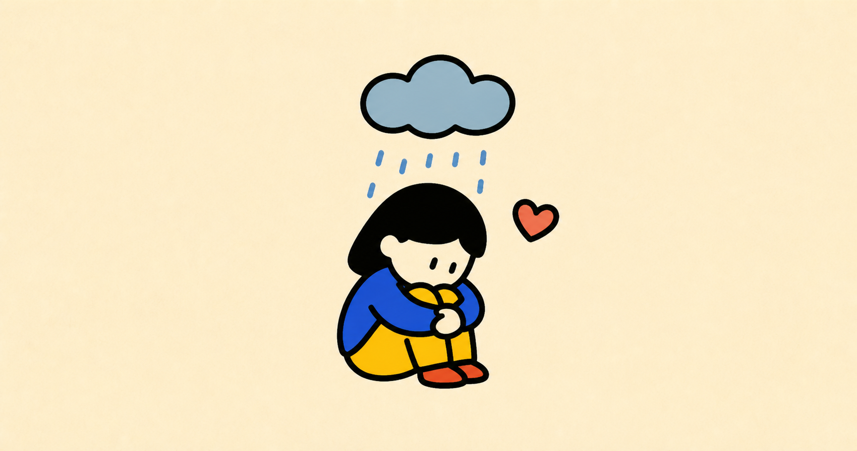 비를 맞으며 웅크린 사람과 작은 하트로 가긍하다의 뜻을 표현한 단순한 일러스트
