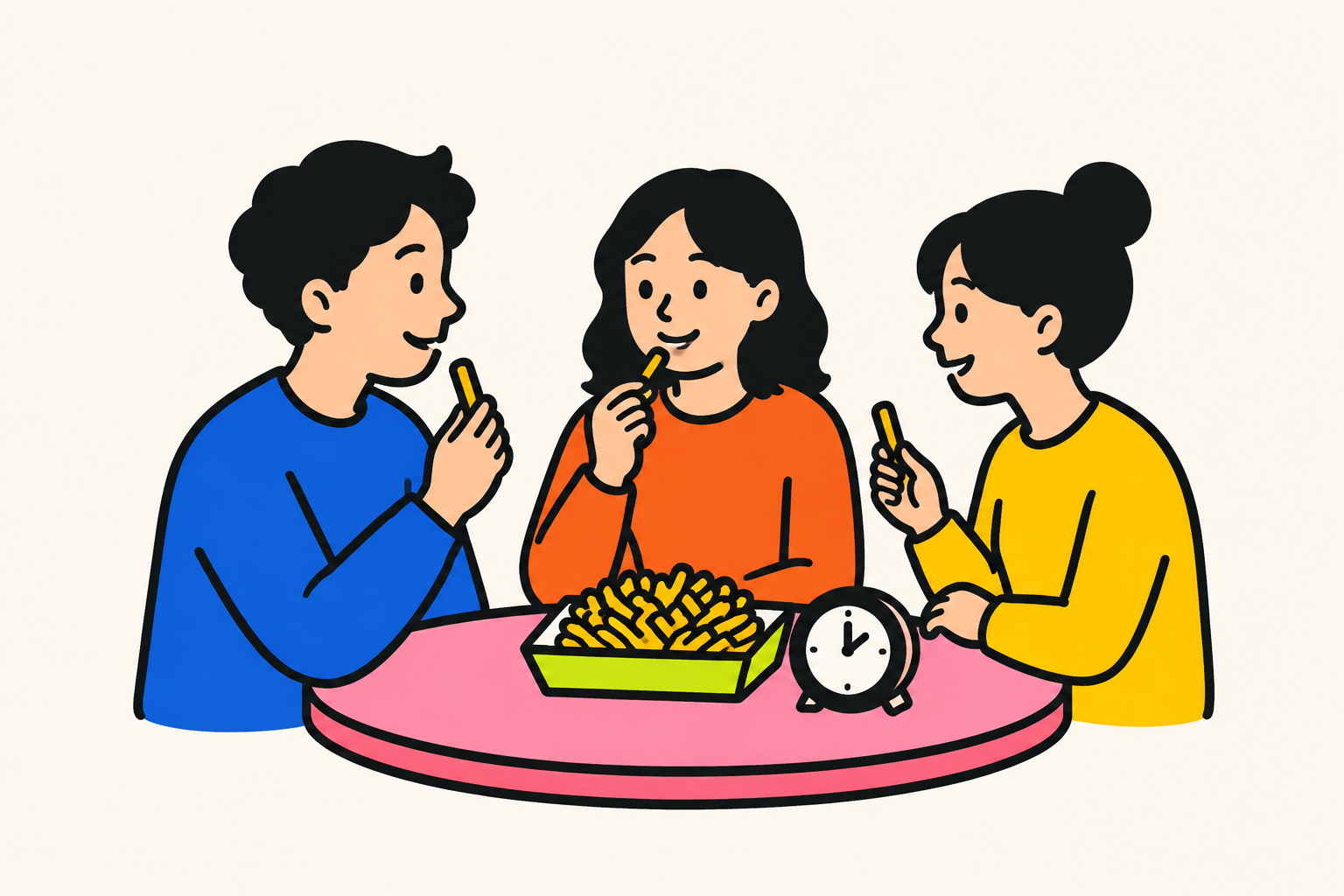감자튀김을 함께 먹으며 짧게 만나는 세 사람과 시계를 표현한 네오브루탈리즘 일러스트