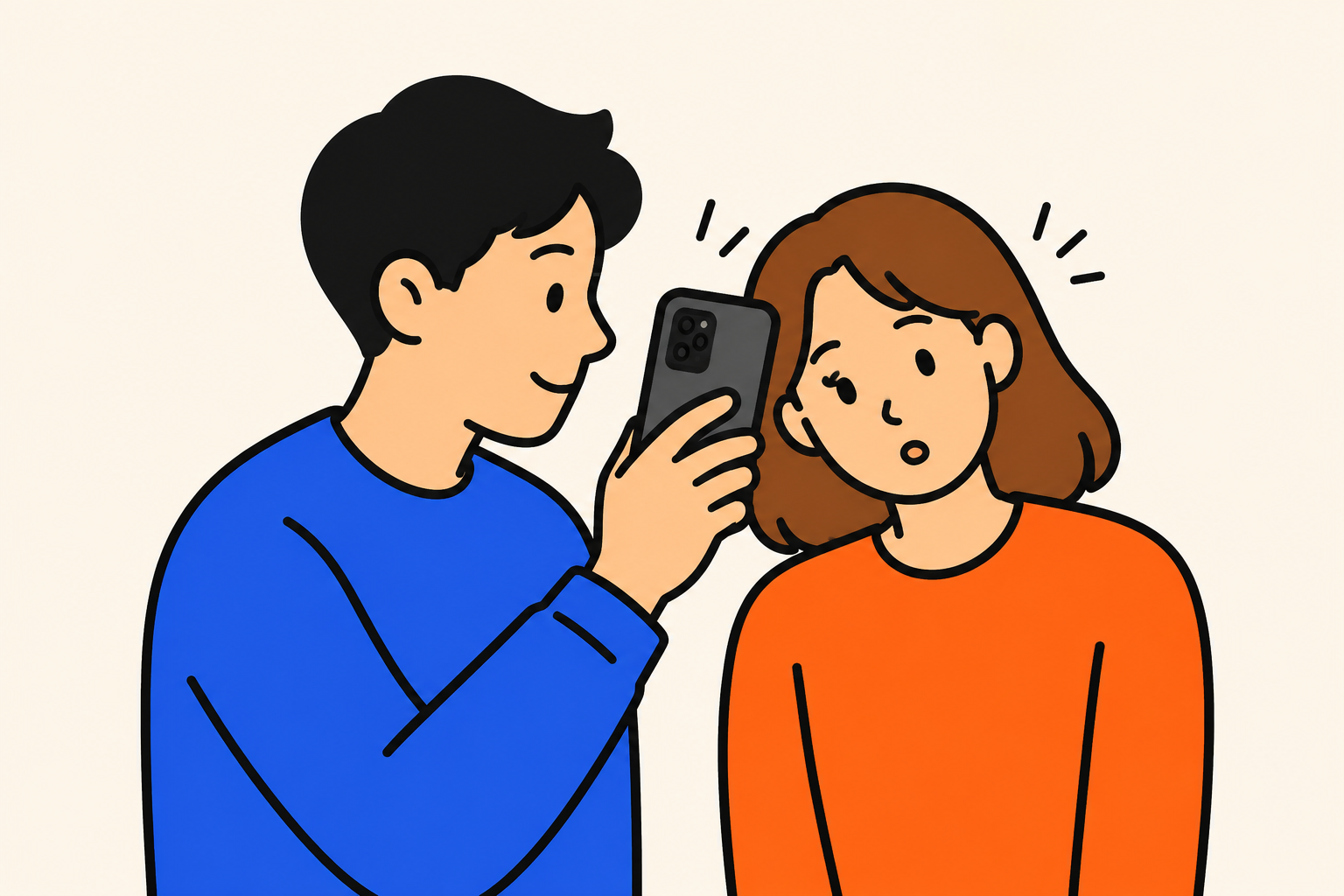 친구의 관자놀이 옆에 스마트폰을 가까이 대고 측측측면샷을 찍는 네오브루탈리즘 일러스트